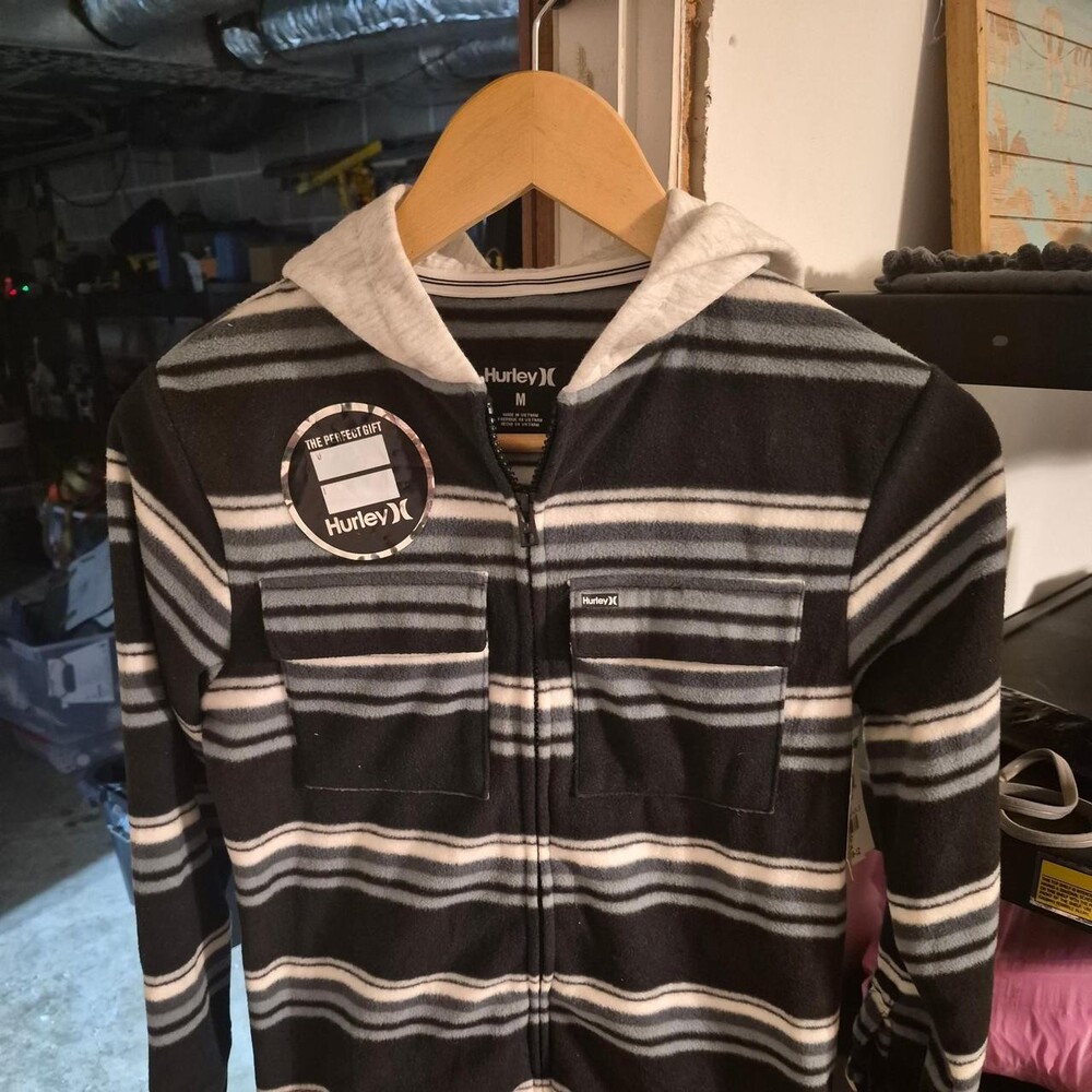 Hurley Youth black, white, and gray horizontal striped zip-up hoodie in size M #